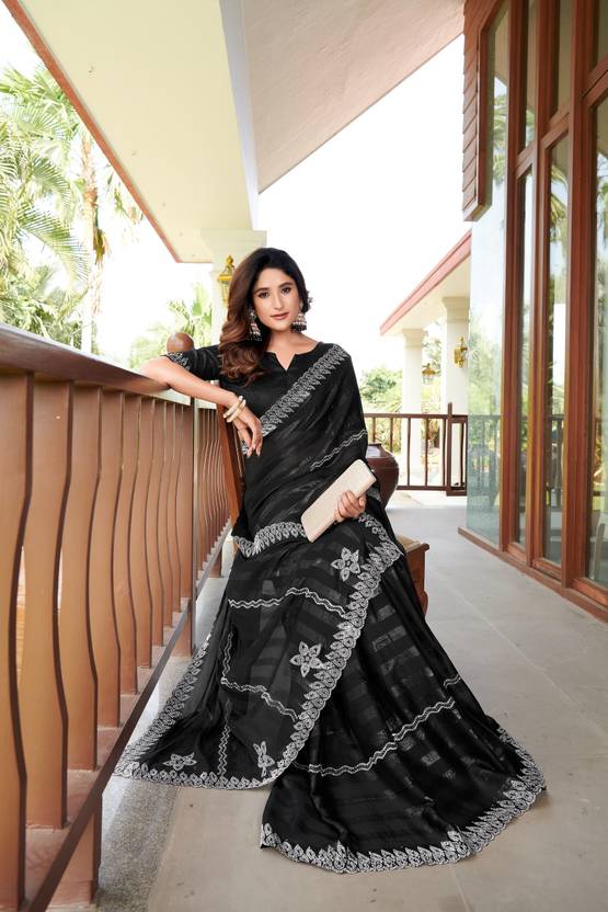 Floral Print, Geometric Print, Printed, Woven Bollywood Chiffon Saree (Black)