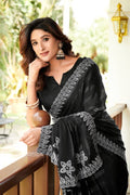 Floral Print, Geometric Print, Printed, Woven Bollywood Chiffon Saree (Black)