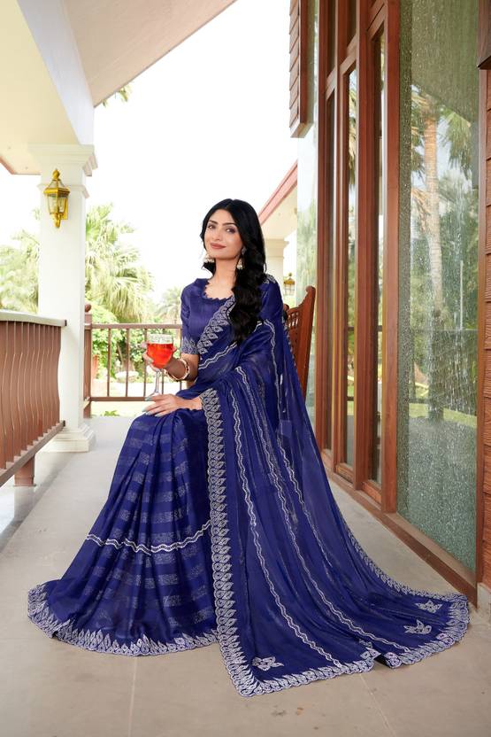 Floral Print, Geometric Print, Printed, Woven Bollywood Chiffon Saree (Blue)