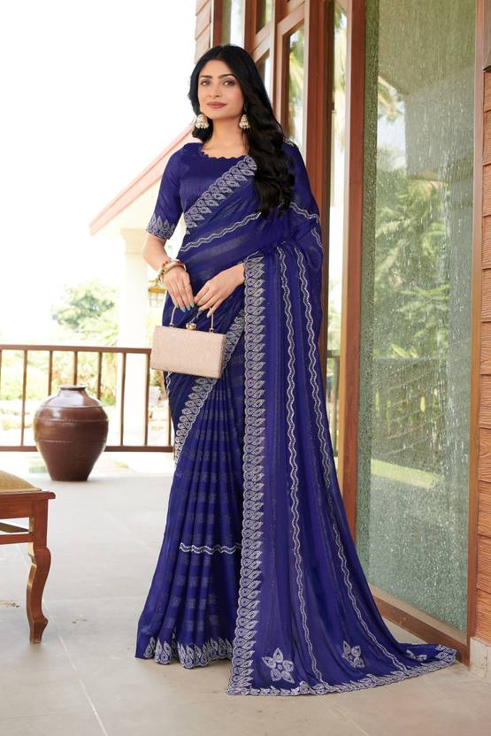 Floral Print, Geometric Print, Printed, Woven Bollywood Chiffon Saree (Blue)