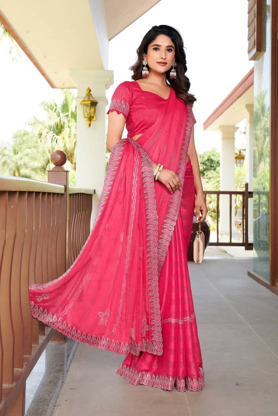 Floral Print, Geometric Print, Printed, Woven Bollywood Chiffon Saree (Pink)