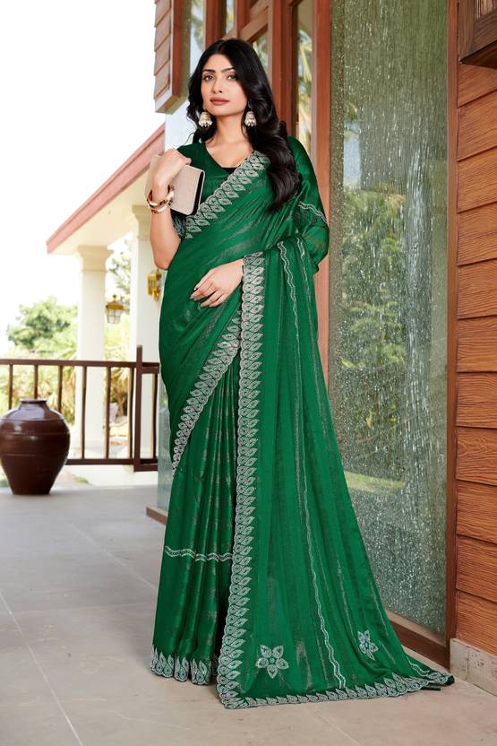 Floral Print, Geometric Print, Printed, Woven Bollywood Chiffon Saree (Green)