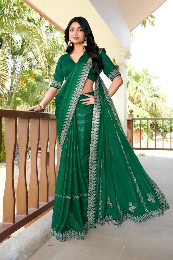 Floral Print, Geometric Print, Printed, Woven Bollywood Chiffon Saree (Green)