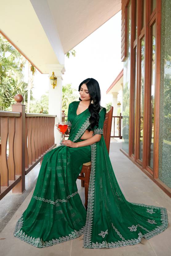Floral Print, Geometric Print, Printed, Woven Bollywood Chiffon Saree (Green)