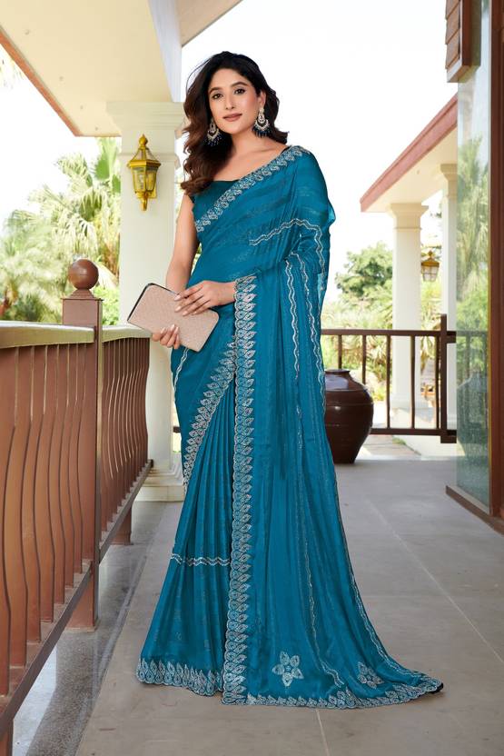 Floral Print, Geometric Print, Printed, Woven Bollywood Chiffon Saree (Light Blue)