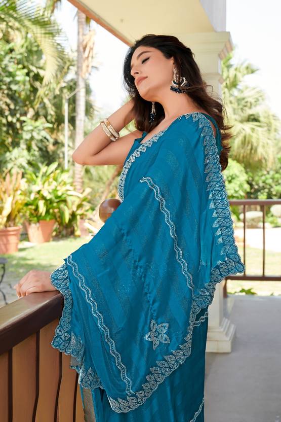 Floral Print, Geometric Print, Printed, Woven Bollywood Chiffon Saree (Light Blue)