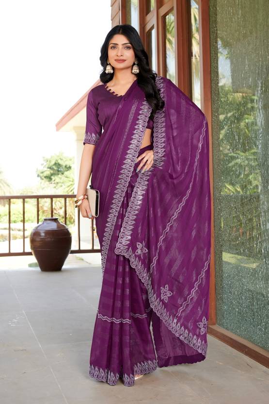 Floral Print, Geometric Print, Printed, Woven Bollywood Chiffon Saree (Purple)