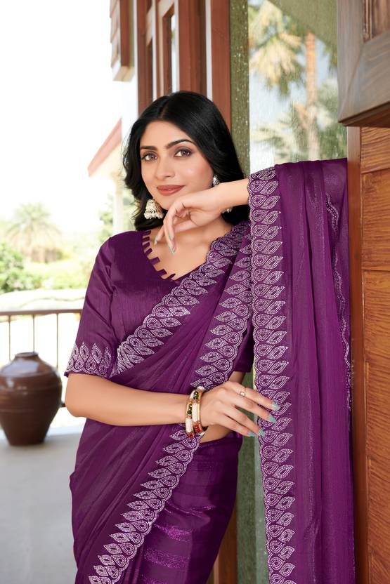 Floral Print, Geometric Print, Printed, Woven Bollywood Chiffon Saree (Purple)