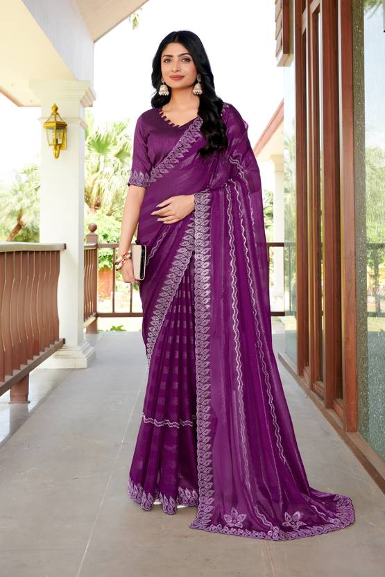 Floral Print, Geometric Print, Printed, Woven Bollywood Chiffon Saree (Purple)