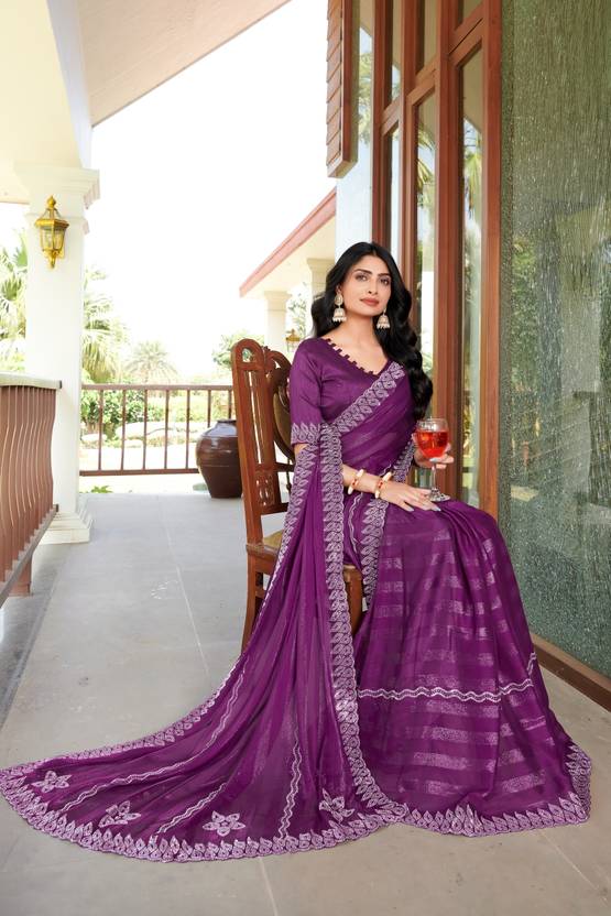 Floral Print, Geometric Print, Printed, Woven Bollywood Chiffon Saree (Purple)